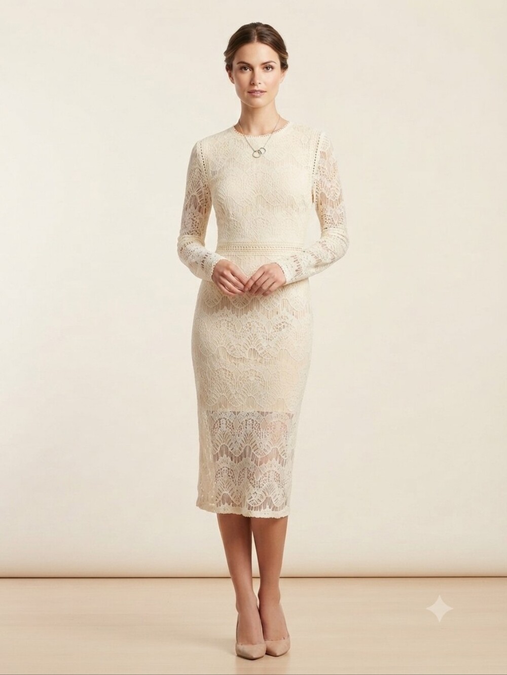 Elegant Lace Long-Sleeve Midi Dress in Cream